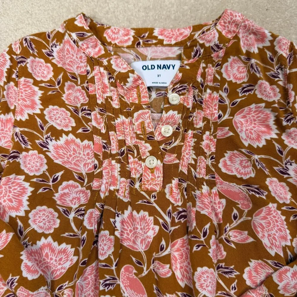 Old Navy Girls Floral Long Sleeve Dress Autumn Brown Pink Flowers Birds 3T